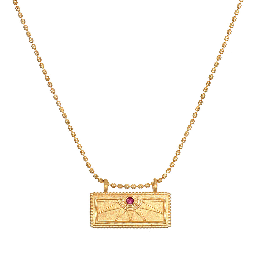 July Ruby Sunburst Birthstone Tablet Necklace